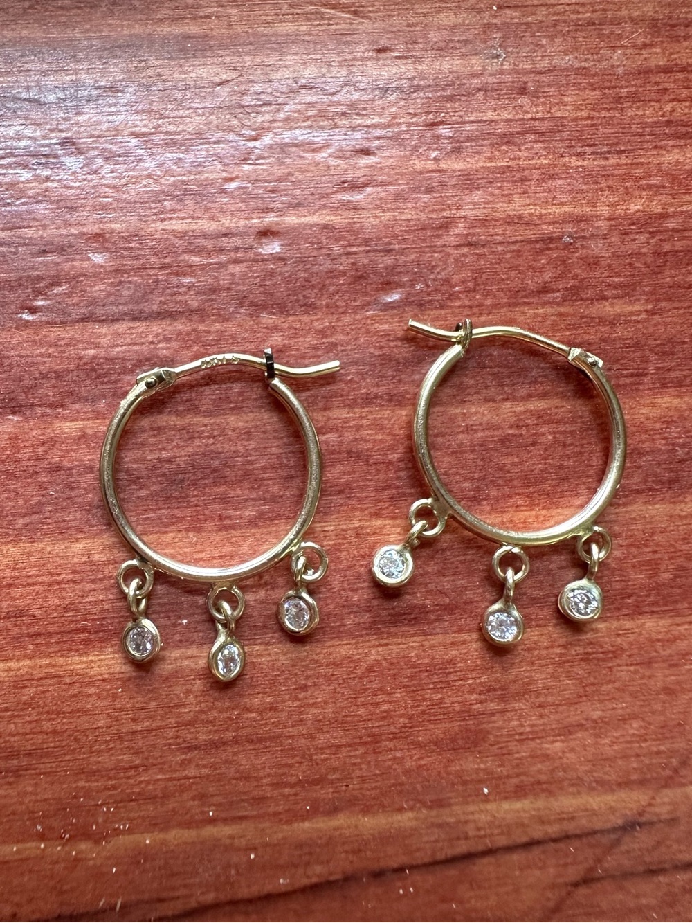 10K Yellow Gold Dainty Dangle Hoop Earrings Cubic Zirconia 0.5"